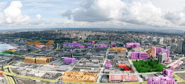 South Lake Union highlighted from Space Needle Picture of South Lake Union from Space Needle with color-coded highlights